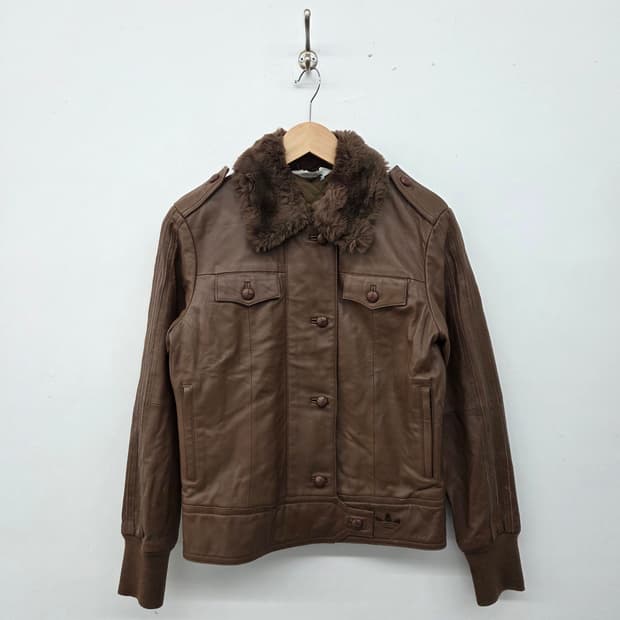 아디다스 브라운 가죽 자켓 퍼 카라 여/M