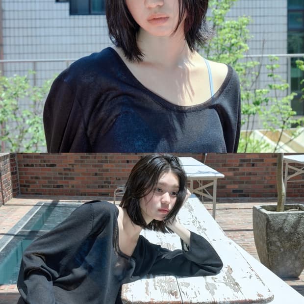 로우클래식 LC - 시어 린넨 블랜드 딥 유 넥 스웨터 (블랙 M사이즈)