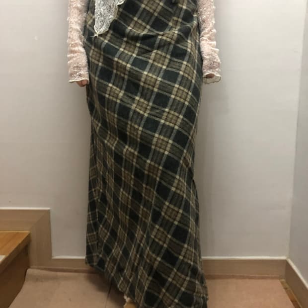 빈티지 그린 체크 울 롱 스커트