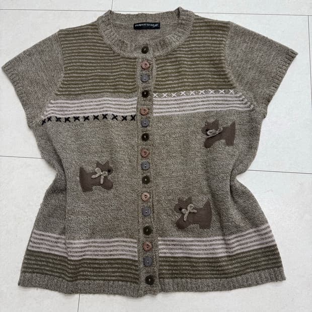 모리 강아지 니트 단추 반팔 가디건