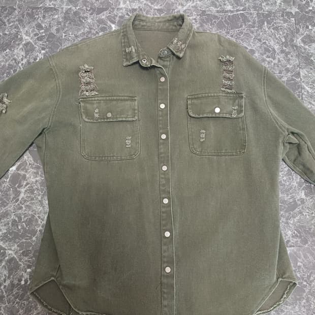 카키 워싱 디스트로이드 셔츠 자켓 
