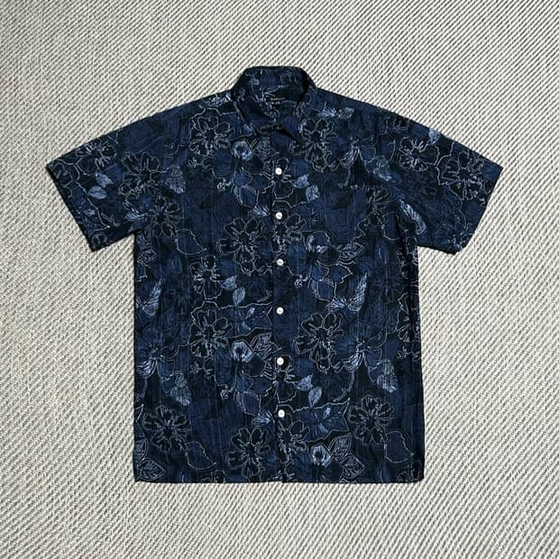 [L] Van Heusen 반휴젠 네이비 빈티지 패턴 하와이안 반팔 셔츠