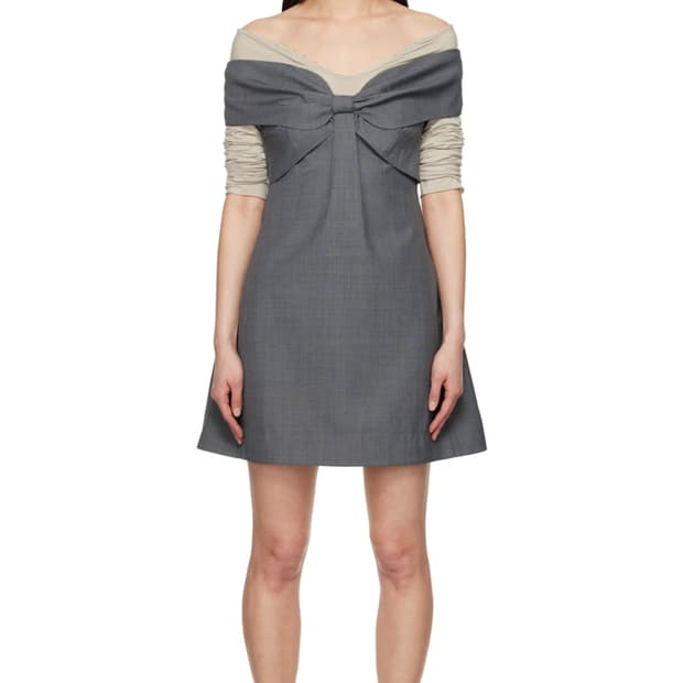 그레이 리본 오프숄더 미니 드레스 - 6