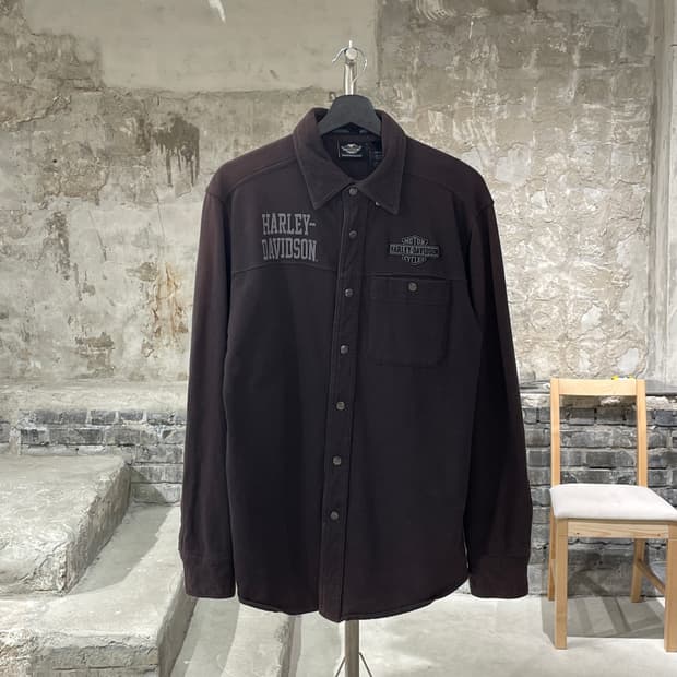 할리 데이비슨 브라운 싱글 포켓 스냅버튼 코튼 셔츠