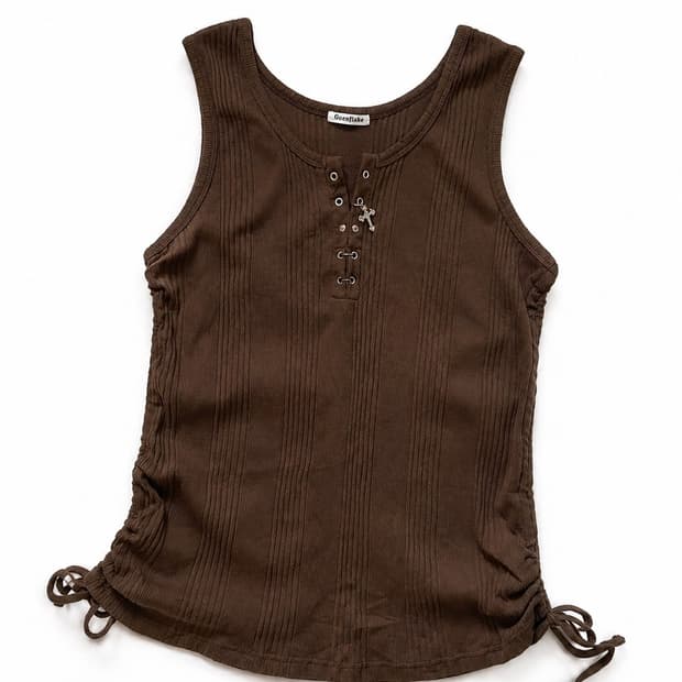 Cornflake브라운 크로스 레이스업 골지 나시