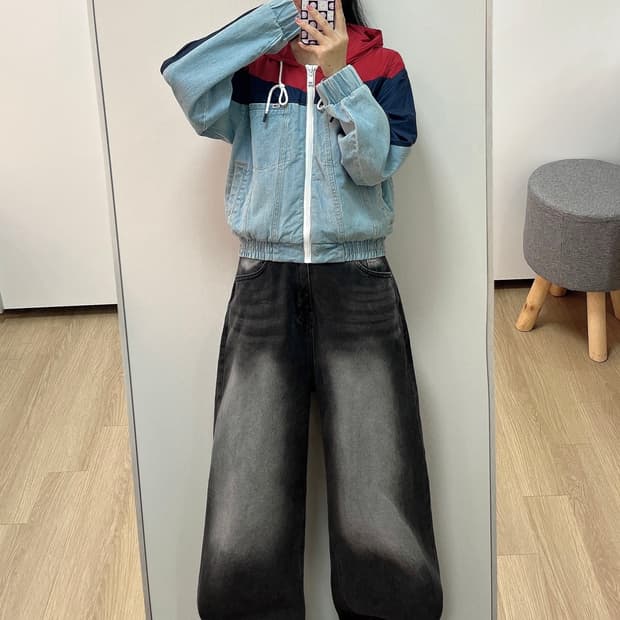 타미힐피거 데님 바람막이 세미 크롭 후드 자켓