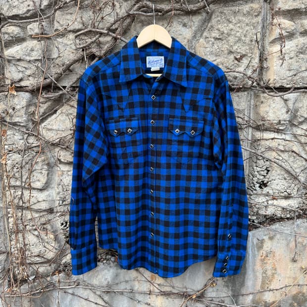 80s 락마운트 빈티지 버팔로 체크 웨스턴 셔츠 블루