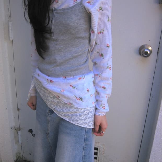 [Hanes] floral waffle Long Sleeve 