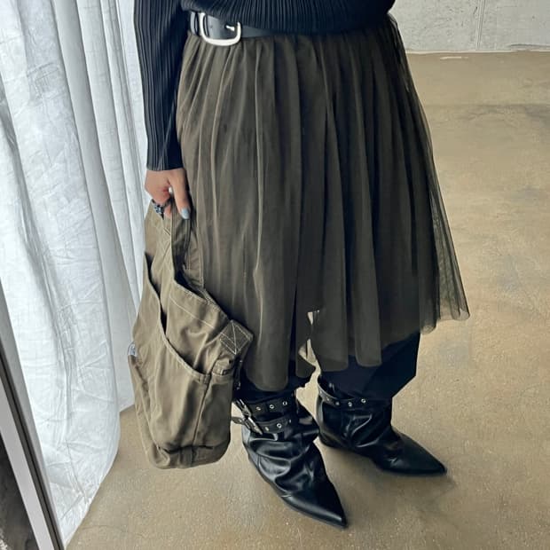 Rope 로페 더블 튤 스커트 다크 그린