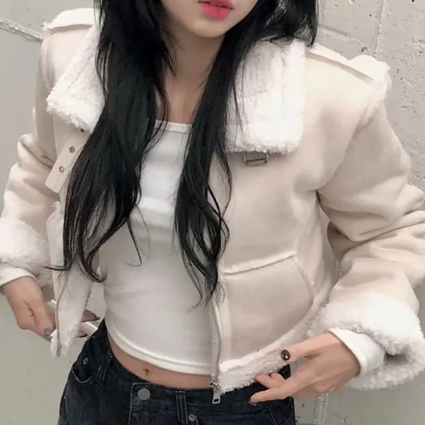 아이보리 스웨이드 무스탕 퍼 자켓