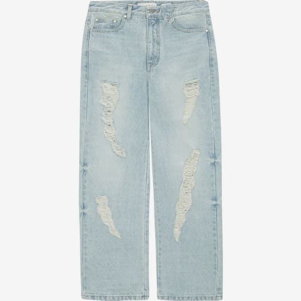 언지미크 언밸런스드 데미지드 데님 팬츠 라이트 블루 판매