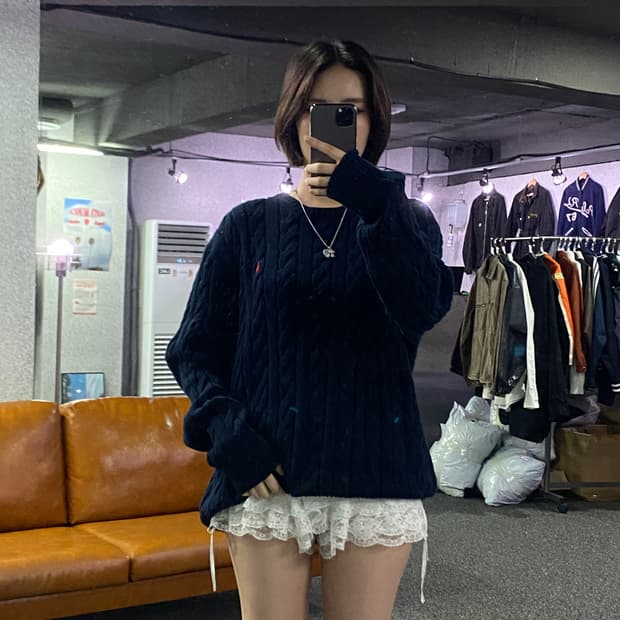 폴로 신형 네이비 코튼 라운드 니트 B2733