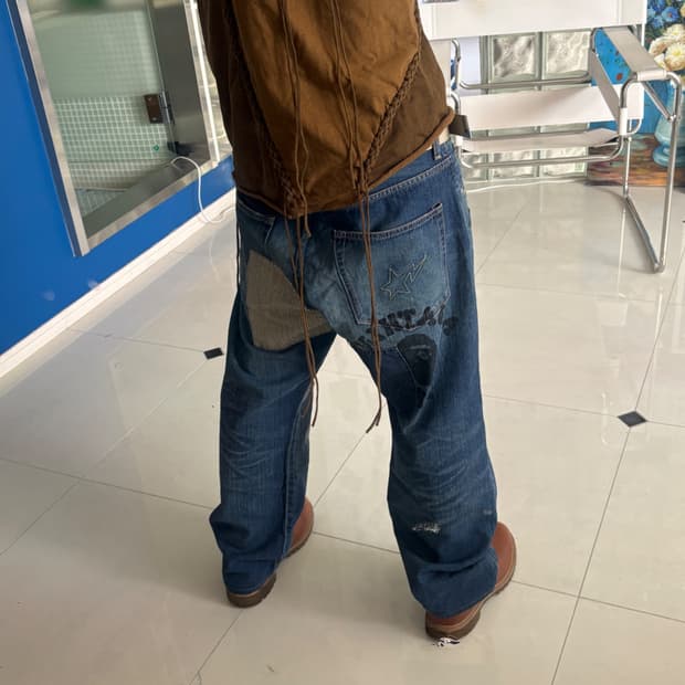 patchwork damage processing denim pants