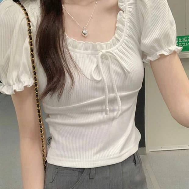 리본 레이스 블라우스 반팔 티 