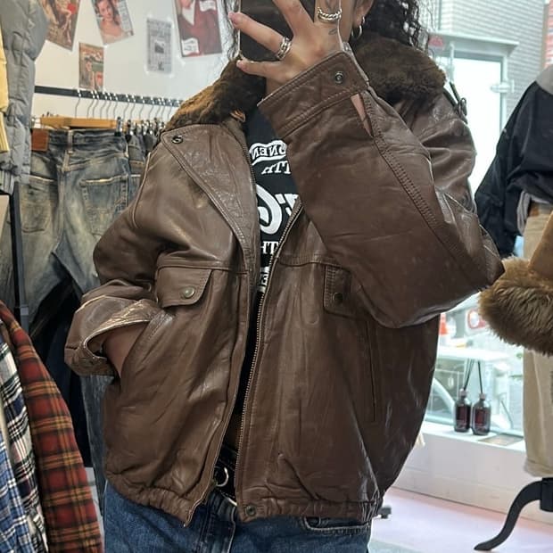 빈티지 브라운 소가죽 봄버 자켓L