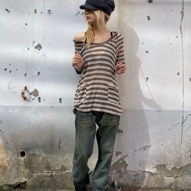 (L.S)Brown Stripe Kawaii Pocket Hoodie S