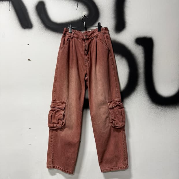 Xtonz 핑크 워싱 카고 세미 벌룬핏 와이드 데님 팬츠