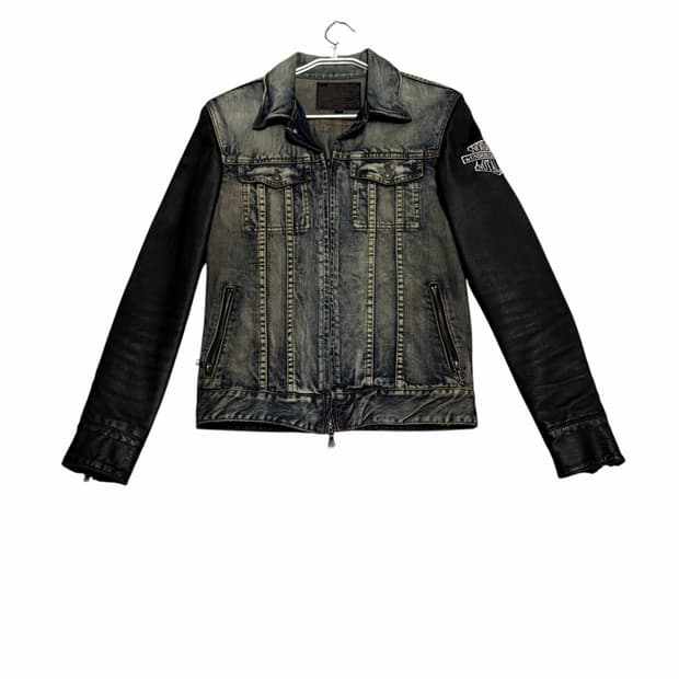 no id leather arm denim jacket