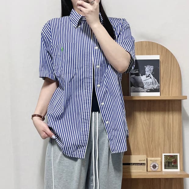 [정품] 폴로 네이비 / 그린포니 스트라이프 반팔셔츠 [ M ]