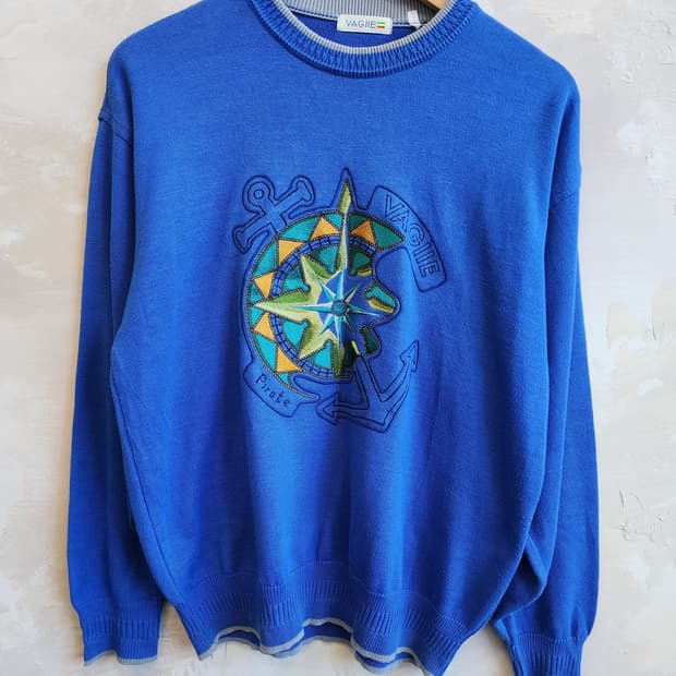 일본빈티지 블루 자수 니트