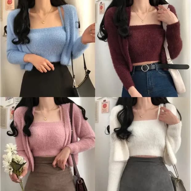 6col) SET) 앙고라 크롭 끈나시 + 가디건