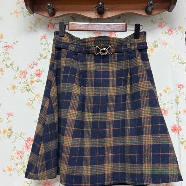 빈티지 페이크 벨트 체크 스커트