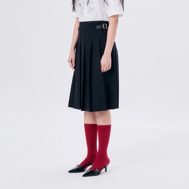 할로미늄 미디 플리츠 랩 스커트 3 네이비