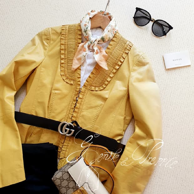 구찌 여성 프릴카라 가죽자켓