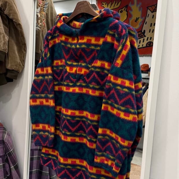 00s Vtg 빈티지 에스닉 하프넥 쿼터 집업 플리스 후드