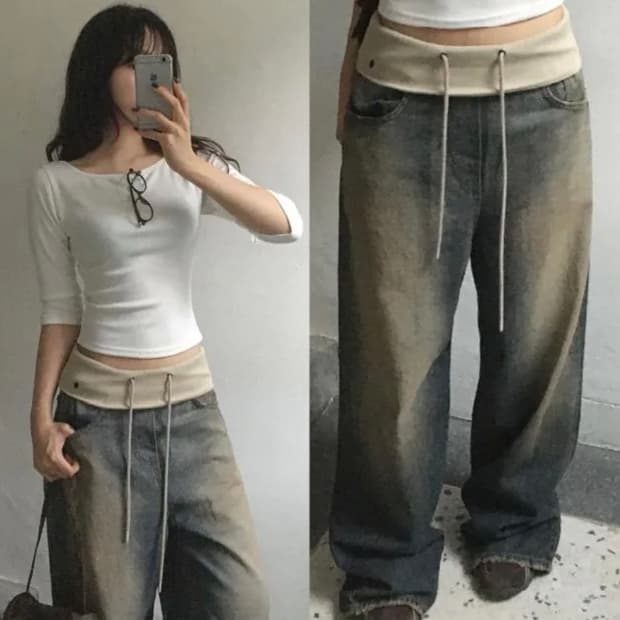 빈티지 배색 폴딩 밴딩 로우라이즈 바지