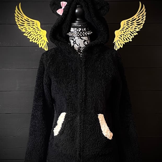 PEACH SALON 피치 살롱 네코미미 리본 고양이 귀 블랙 후드집업