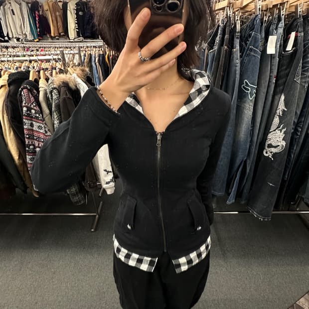 OS)Japanese Vintage 여성 금장버튼 체크 레이어드 후드집업