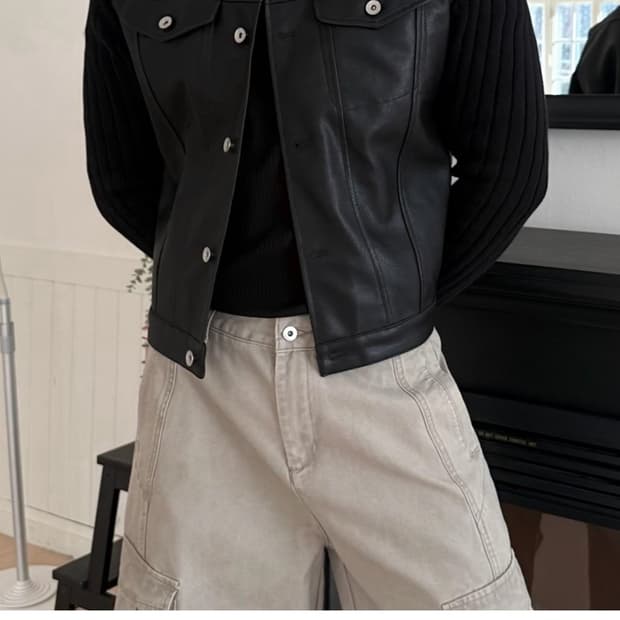 척도 블랙 레더 니트 자켓