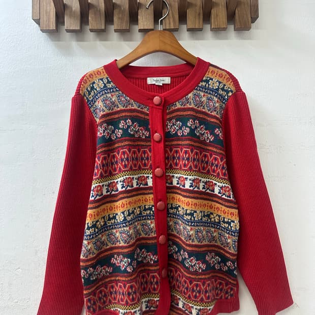 일본빈티지 울100% 페어아일 패턴 커버드 버튼 니트 가디건