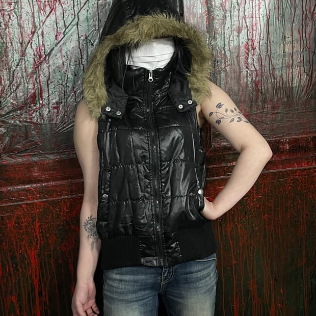 일본 빈티지 울프죠 퍼 후드 패딩조끼 베스트 L