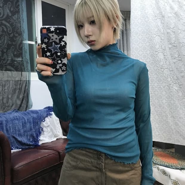 빈티지 여성 아쿠아블루 시스루 롱슬리브