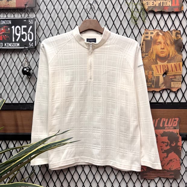 00s 버버리 골프 하프 집업 티셔츠 체크 패턴 포인트 화이트