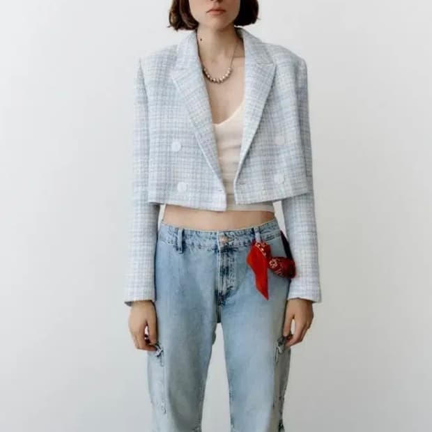 [55]자라 블루 체크 트위드 크롭자켓
