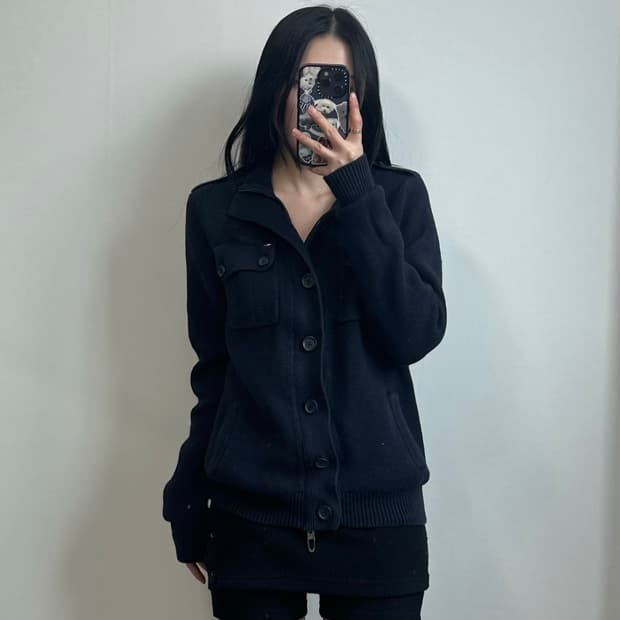 타미힐피거 자수로고 포켓 네이비 버튼 니트집업