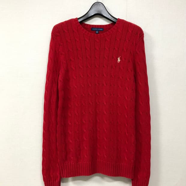 랄프로렌 폴로 여성 슬림핏 딱붙핏 꽈배기 케이블 라운드넥 니트 M _ 레
