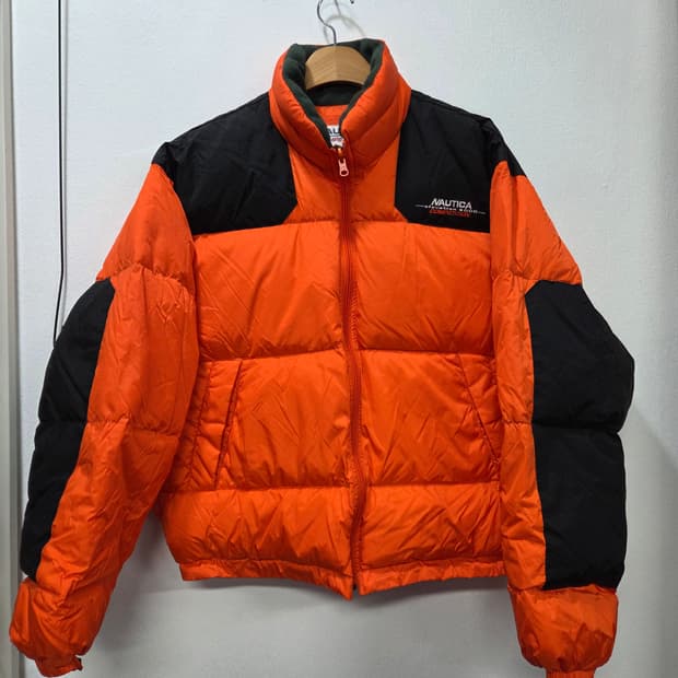Nautica 오렌지/블랙패치 다운  패딩 점퍼 M Y2K