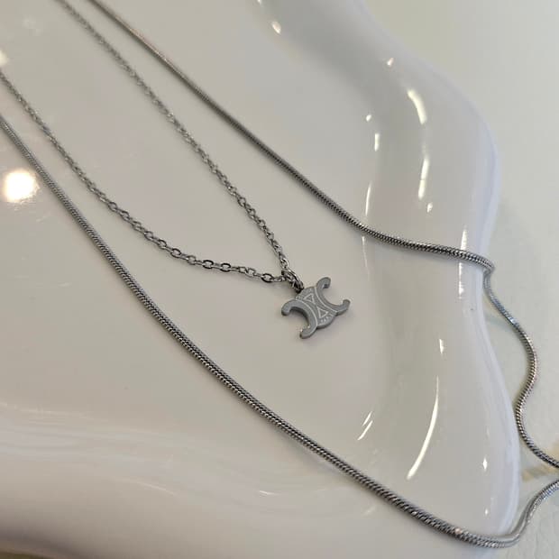 셀린느 업사이클링 두줄 레이어드 은장 목걸이