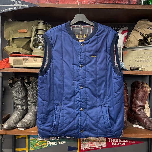90s 바버 퀼팅 체크 라이닝 버튼 조끼 베스트