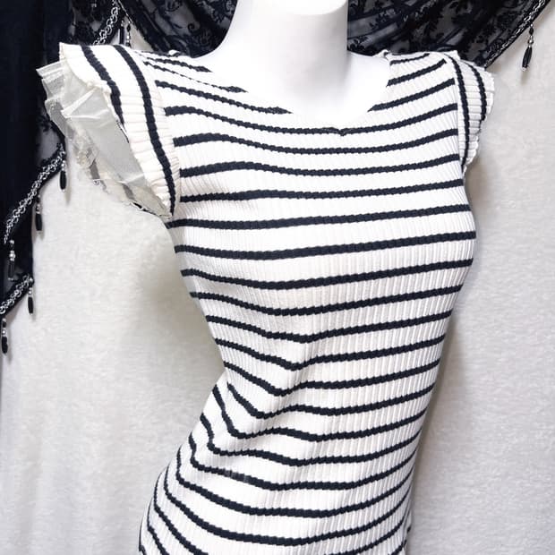 로맨틱갸루 스트라이프 프릴레이스 반팔 로걀탑 베메클 히메 오네 헤이세이