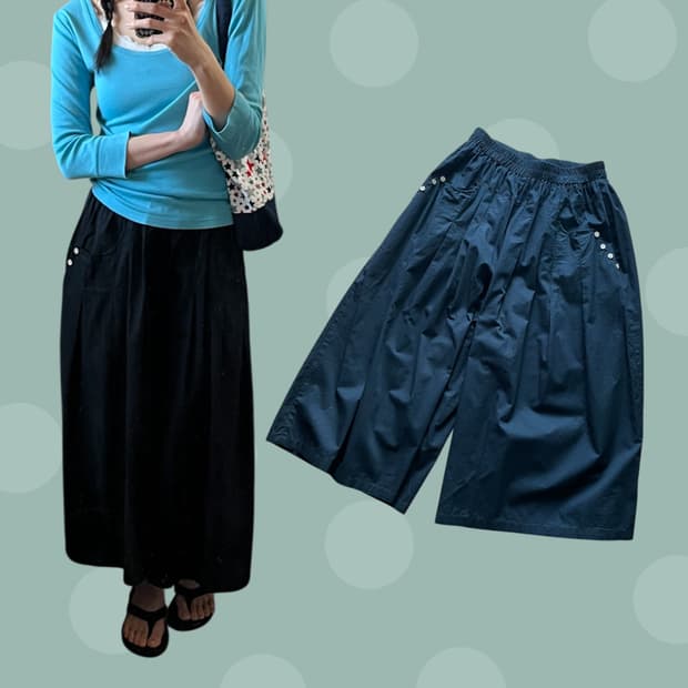 단추 포인트 블랙 와이드 팬츠스커트