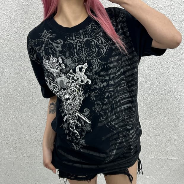 00s 재팬 프린팅 블랙 락시크 반팔티 2XL