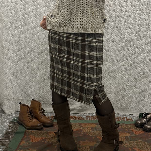 빈티지 모리걸 헤링본 체크 일자핏 미디스커트 K0147