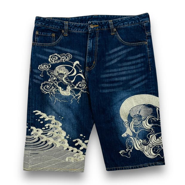 백화요란 오리엔탈 풍신뇌신 자수 데님 하프팬츠