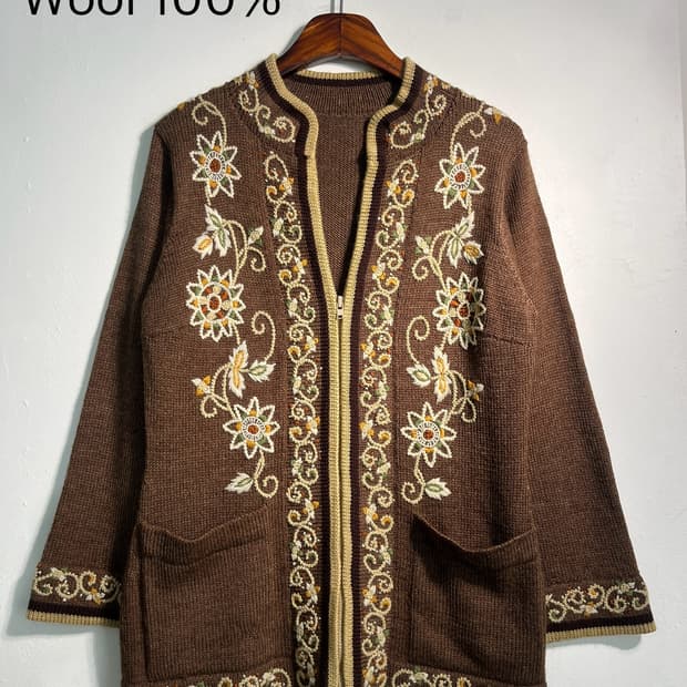 Wool 100% 울 100% 자수 롱 가디건 집업 