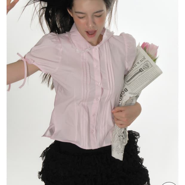 크랭크 핀턱 레이스 카라 블라우스 핑크